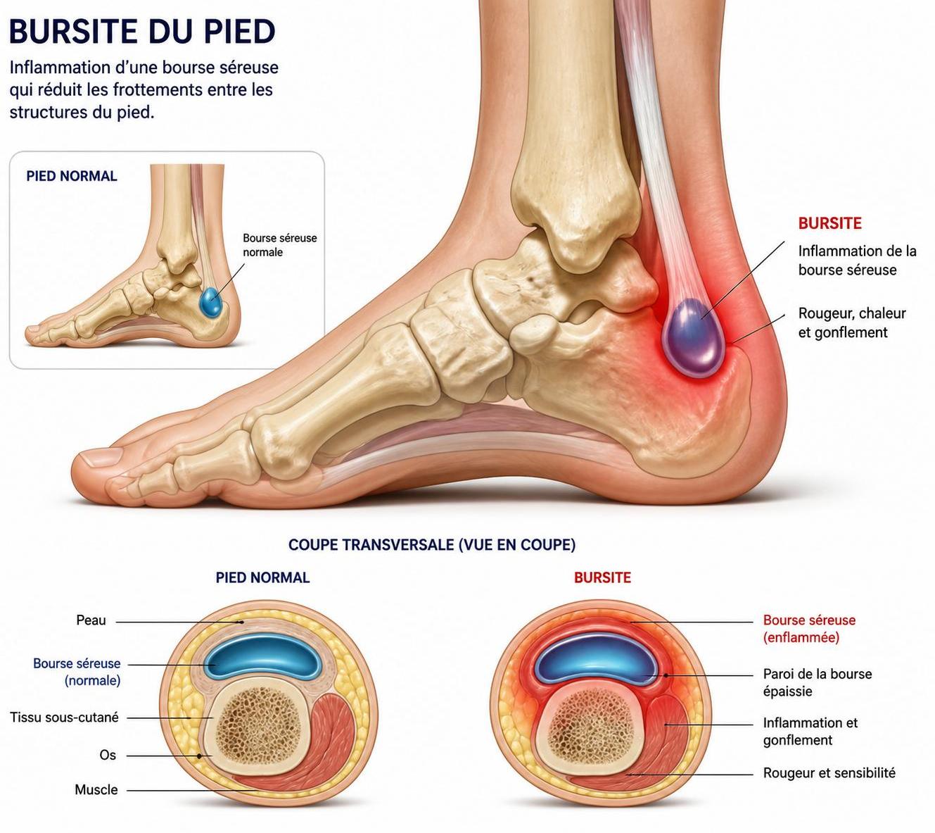 découvrez comment reconnaître les symptômes de la bursite au pied pour prévenir sa chronicité et améliorer votre confort au quotidien.