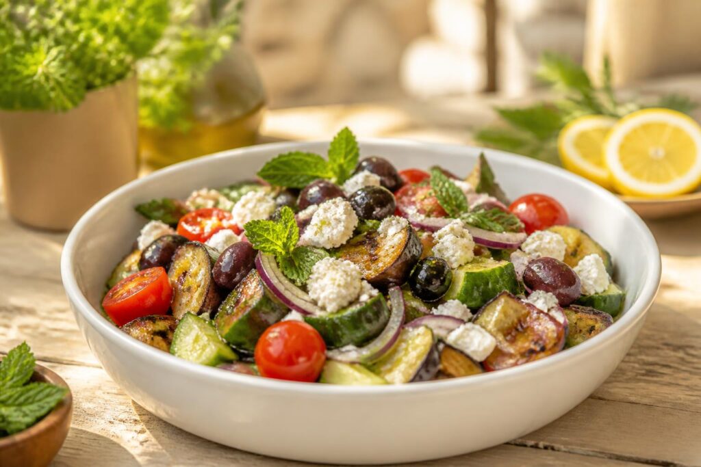 découvrez notre salade d'aubergine grecque, une recette fraîche et savoureuse idéale pour un été méditerranéen plein de fraîcheur et de saveurs authentiques.
