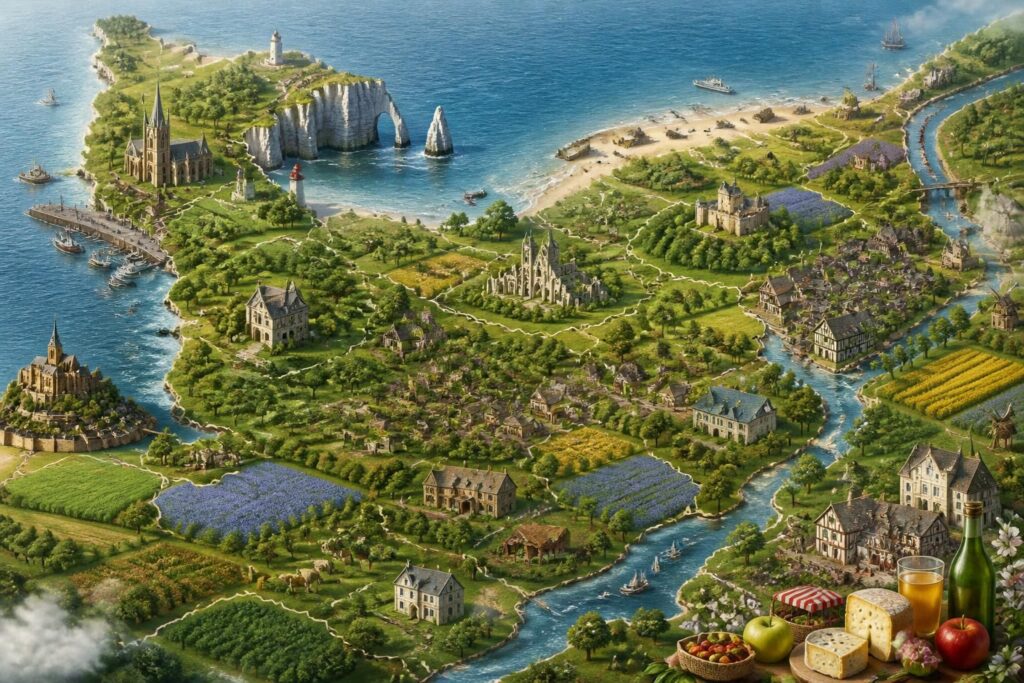explorez la carte de la normandie, france, et découvrez toutes ses régions ainsi que leurs trésors cachés, paysages uniques et richesses culturelles.