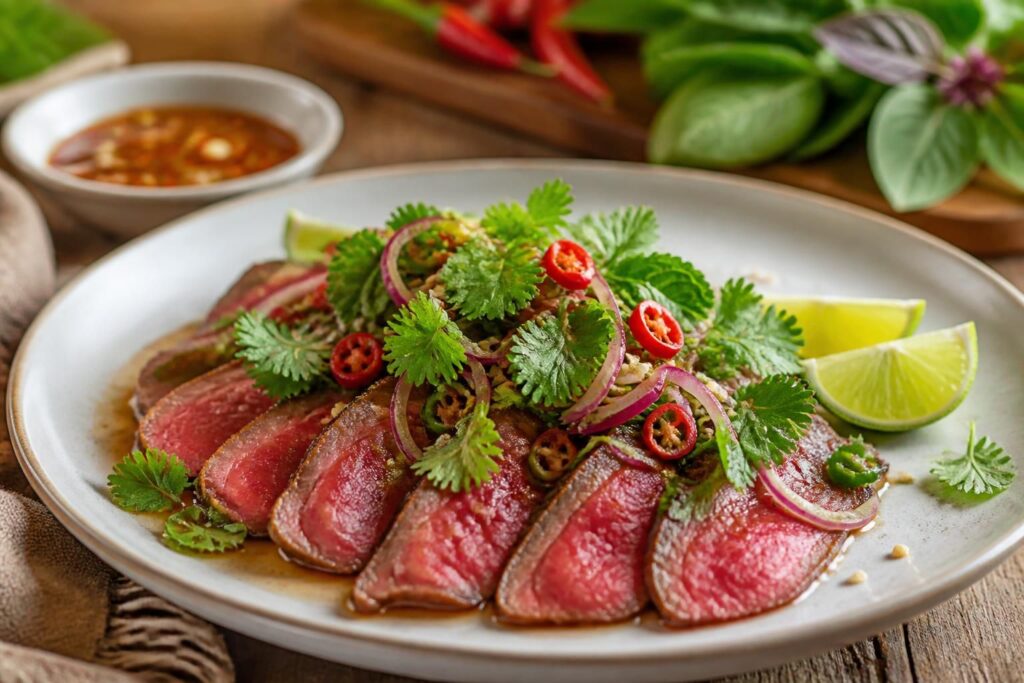 découvrez notre recette de tataki de bœuf thaï, un plat alliant fraîcheur des ingrédients et saveurs épicées pour un équilibre parfait en bouche.